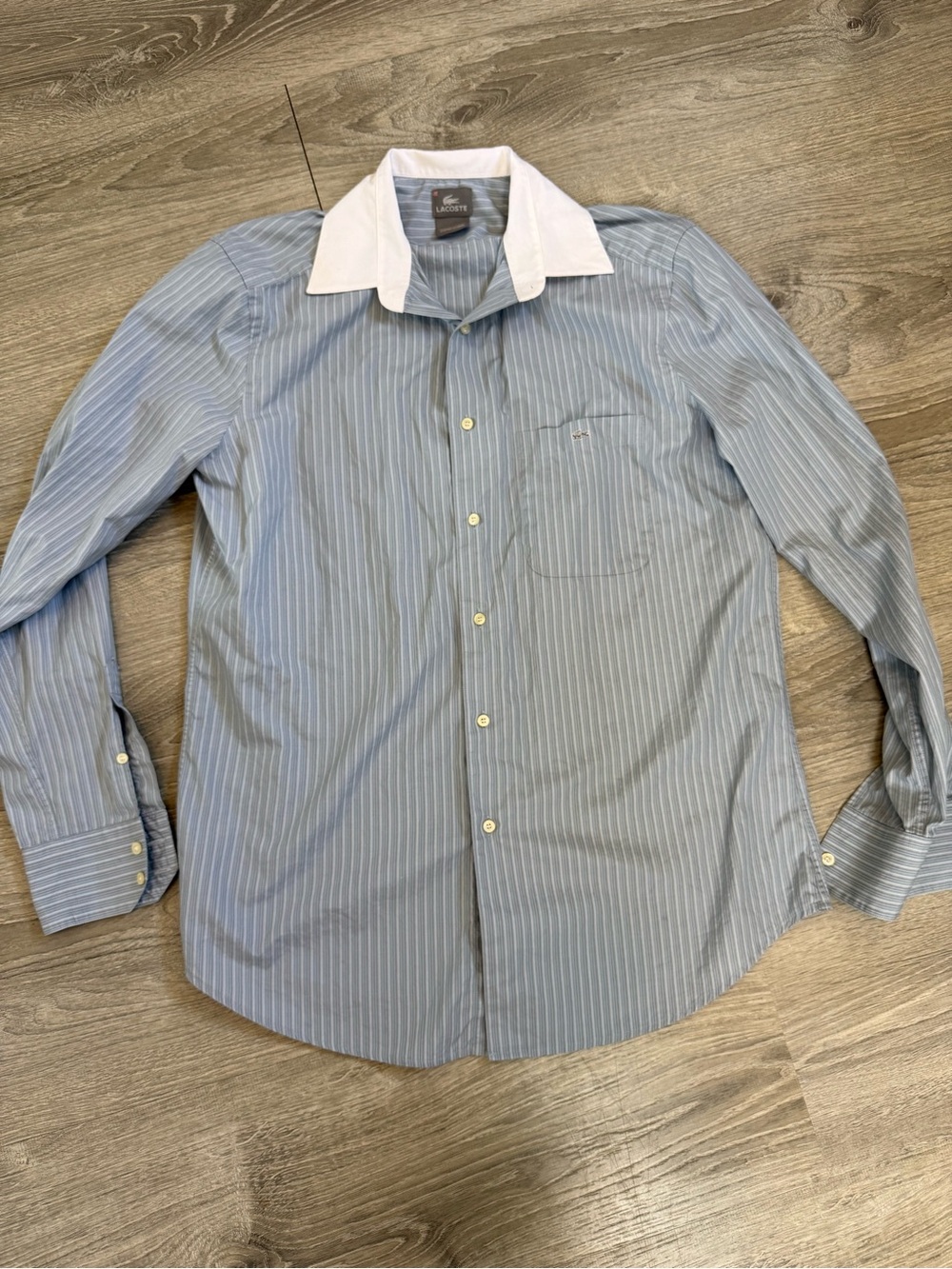 Lacoste Light Blue Pinstripe Dress Shirt with White Contrast Collar